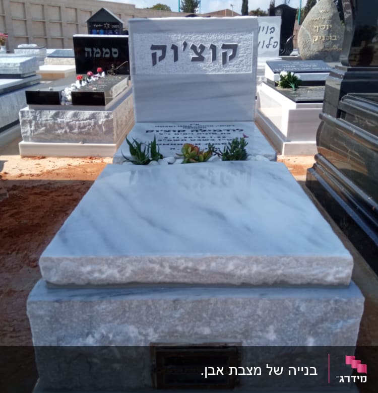 מצבות בבית קברות עם כיתוב בעברית וצמחים קטנים